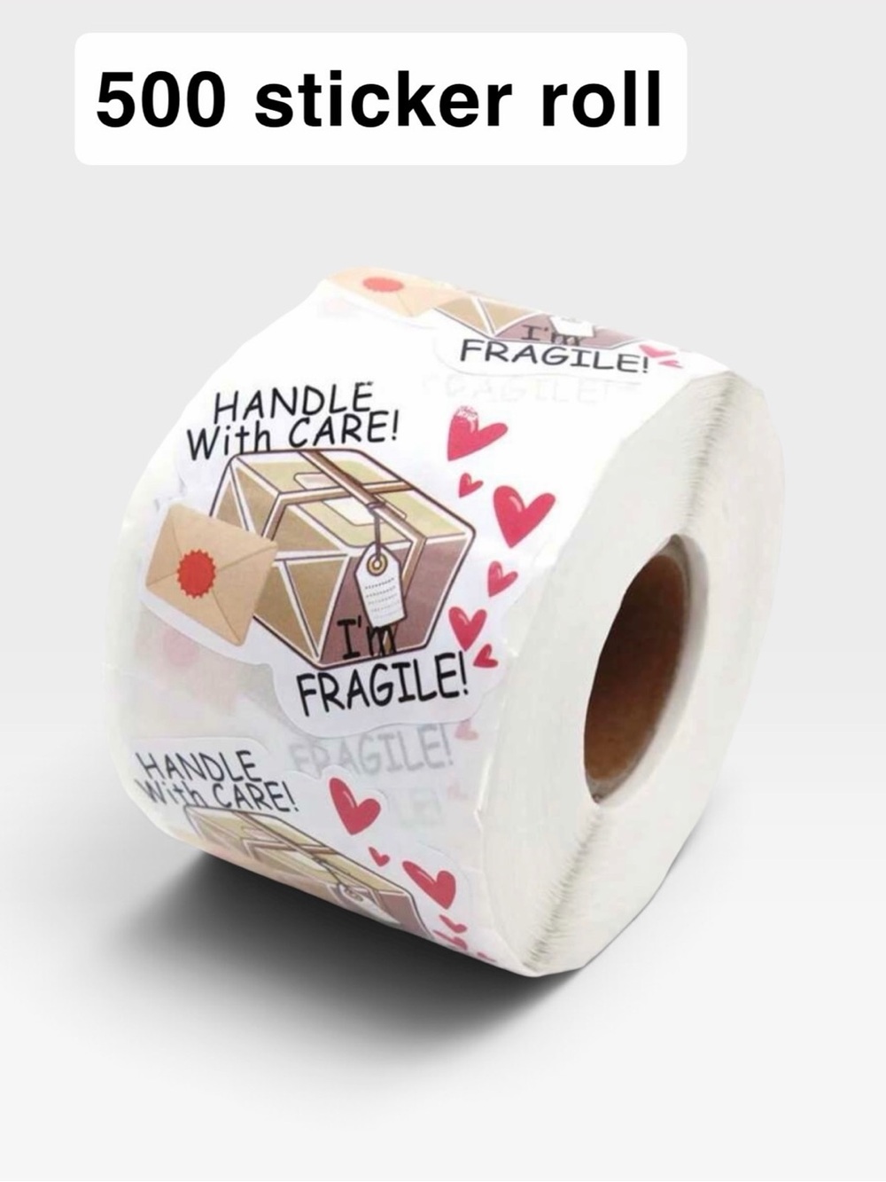 Handle With Care Fragile Sticker Roll – Pink Hearts & Brown Parcel